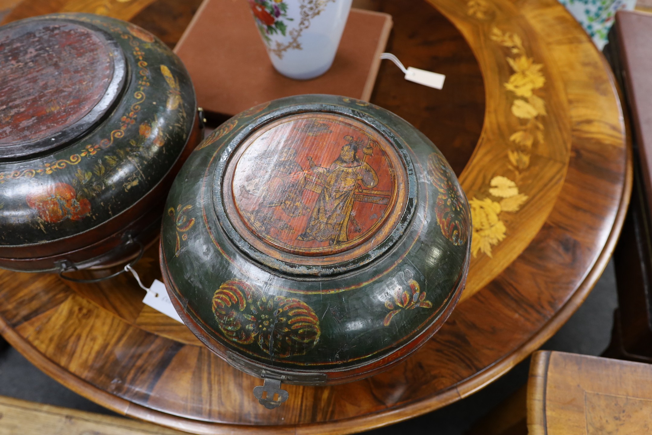 Two similar Southern Chinese polychrome lacquered wedding baskets